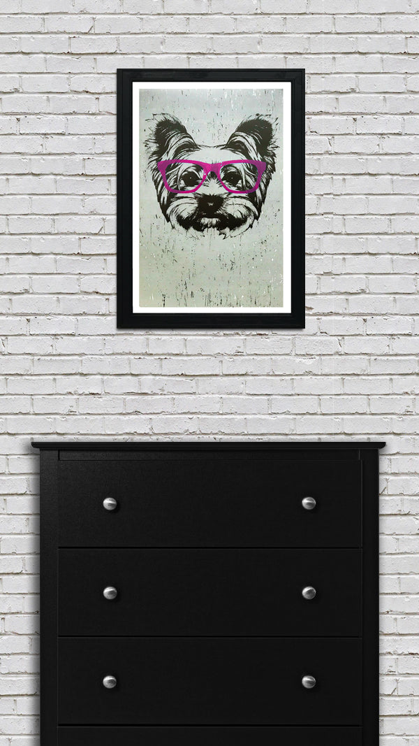 Limited Edition Yorkshire Terrier with Pink Glasses Art Print / Poster - 13x19"