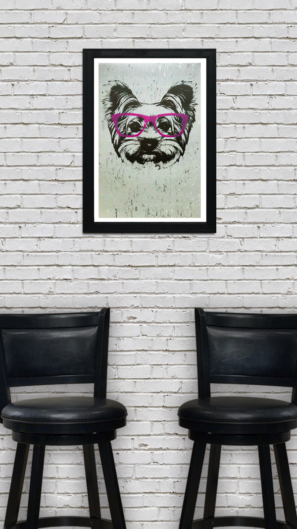 Limited Edition Yorkshire Terrier with Pink Glasses Art Print / Poster - 13x19"