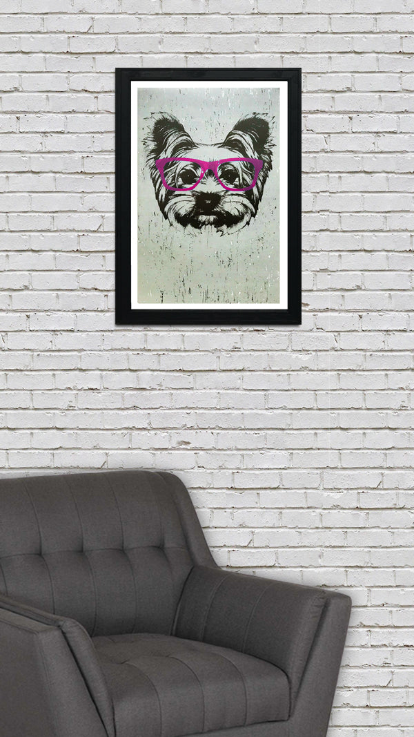 Limited Edition Yorkshire Terrier with Pink Glasses Art Print / Poster - 13x19"