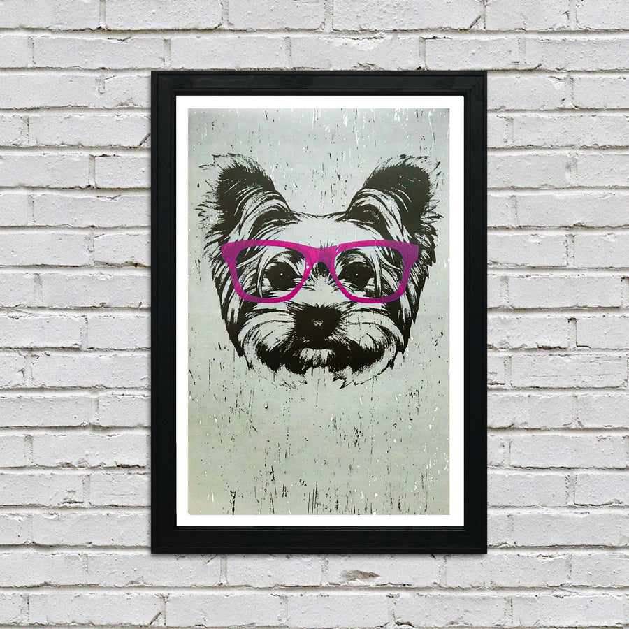 Limited Edition Yorkshire Terrier with Pink Glasses Art Print / Poster - 13x19"