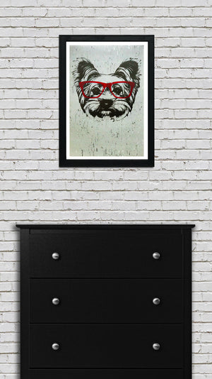 Limited Edition Yorkshire Terrier with Red Glasses Art Print / Poster - 13x19"