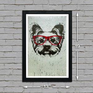 Limited Edition Yorkshire Terrier with Red Glasses Art Print / Poster - 13x19"