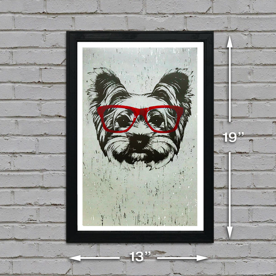 Limited Edition Yorkshire Terrier with Red Glasses Art Print / Poster - 13x19"