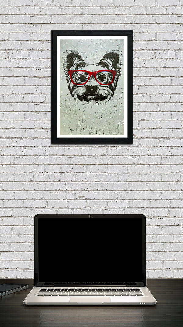 Limited Edition Yorkshire Terrier with Red Glasses Art Print / Poster - 13x19"