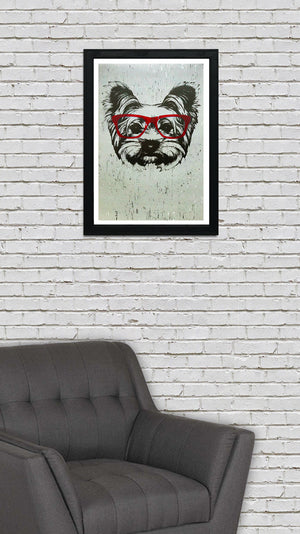 Limited Edition Yorkshire Terrier with Red Glasses Art Print / Poster - 13x19"